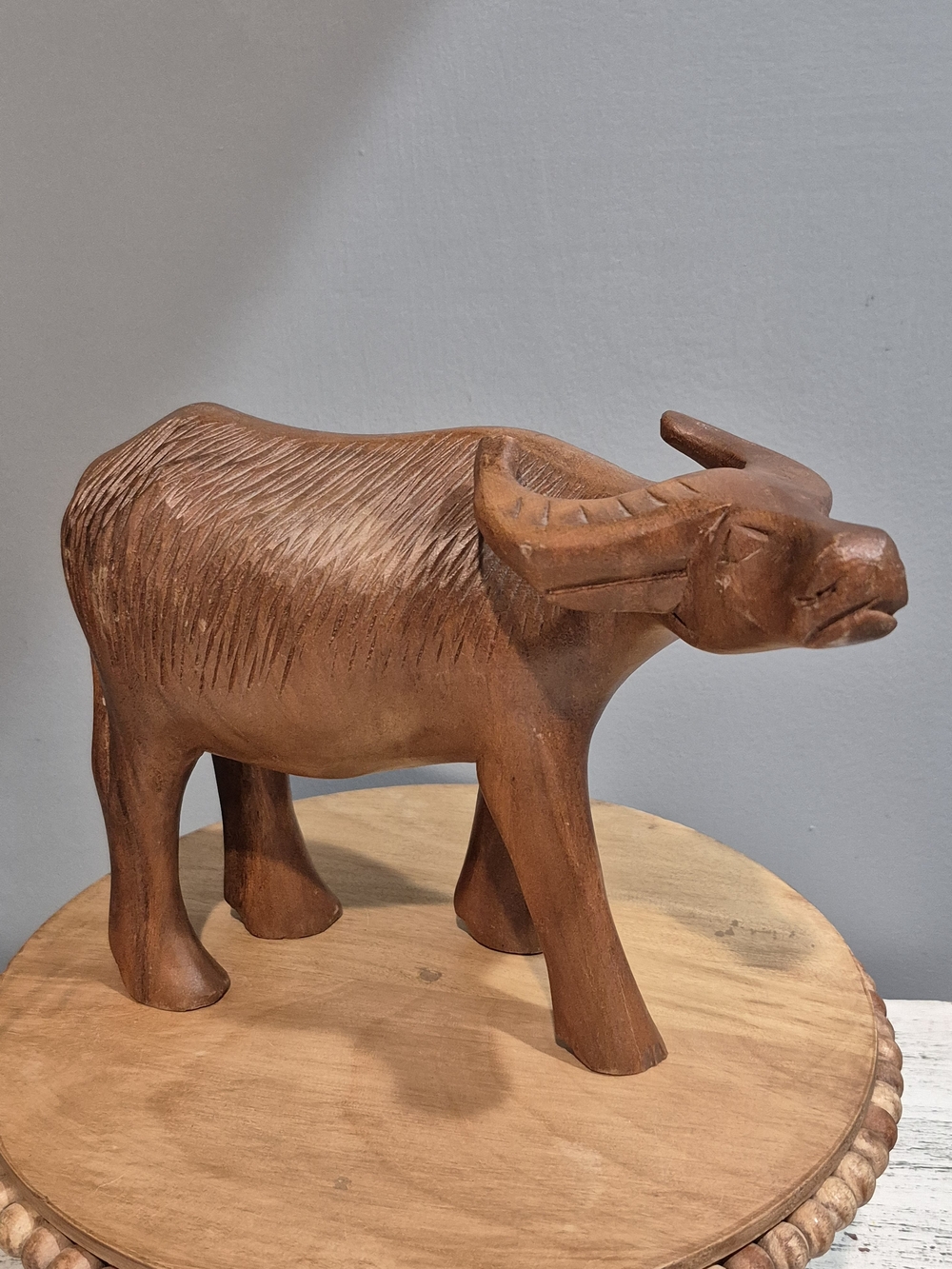 Vintage Hand Carved Wood Water Buffalo Carabao Figurine Large Heavy   6.5"x8"